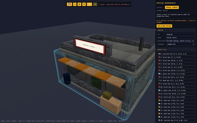The Prefab Workbench: a corner store built from parts in the viewport, with the parts list and properties on the right