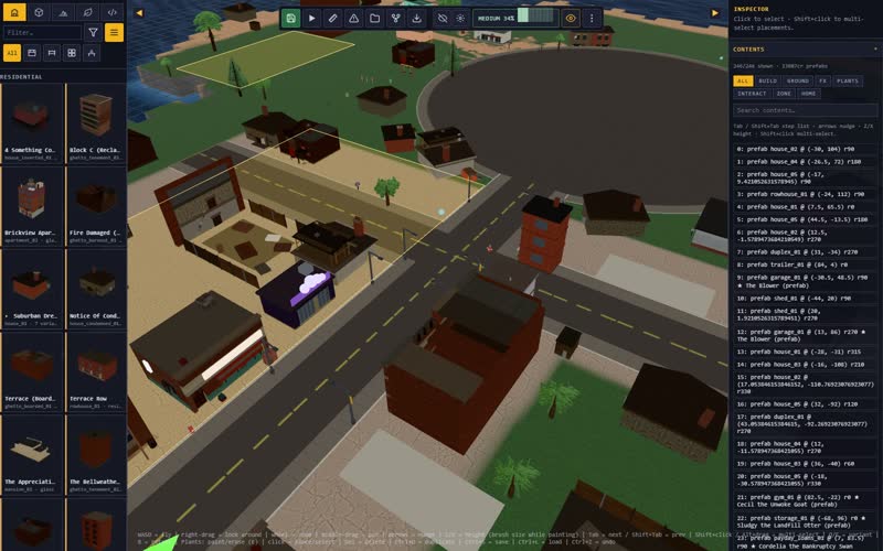 The Map Workbench: a building palette on the left, a residential street in the viewport, and the placement list on the right