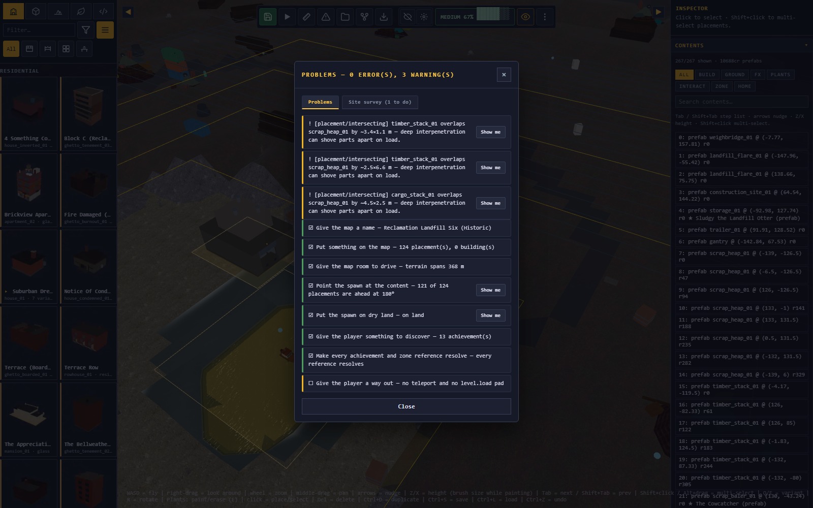 The Problems panel open over a map, listing three overlap warnings and a site survey checklist