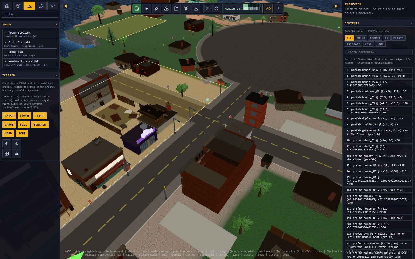 The Map Editor in Terrain and Roads mode, showing the road kit and the raise, lower, level, carve, fill and surface brushes
